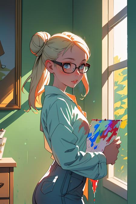 00357-2340464953-(best quality, masterpiece), 1girl painting a picture, dappled sunlight, indoors, hair bun, glasses, paint splatter, shy,.png